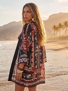 CAJUNI Women's Floral Print Long Sleeve Loose Kimono Cover-Up - Multicolor - View 3