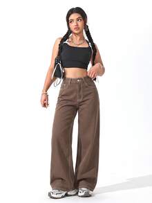 SHEIN ICON 女款高腰口袋寬腿寬鬆休閒牛仔褲 - 摩卡棕 - 查看 6