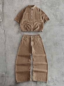 AXEPEAK Men's Fashion Casual Washed Set - Brown - View 2