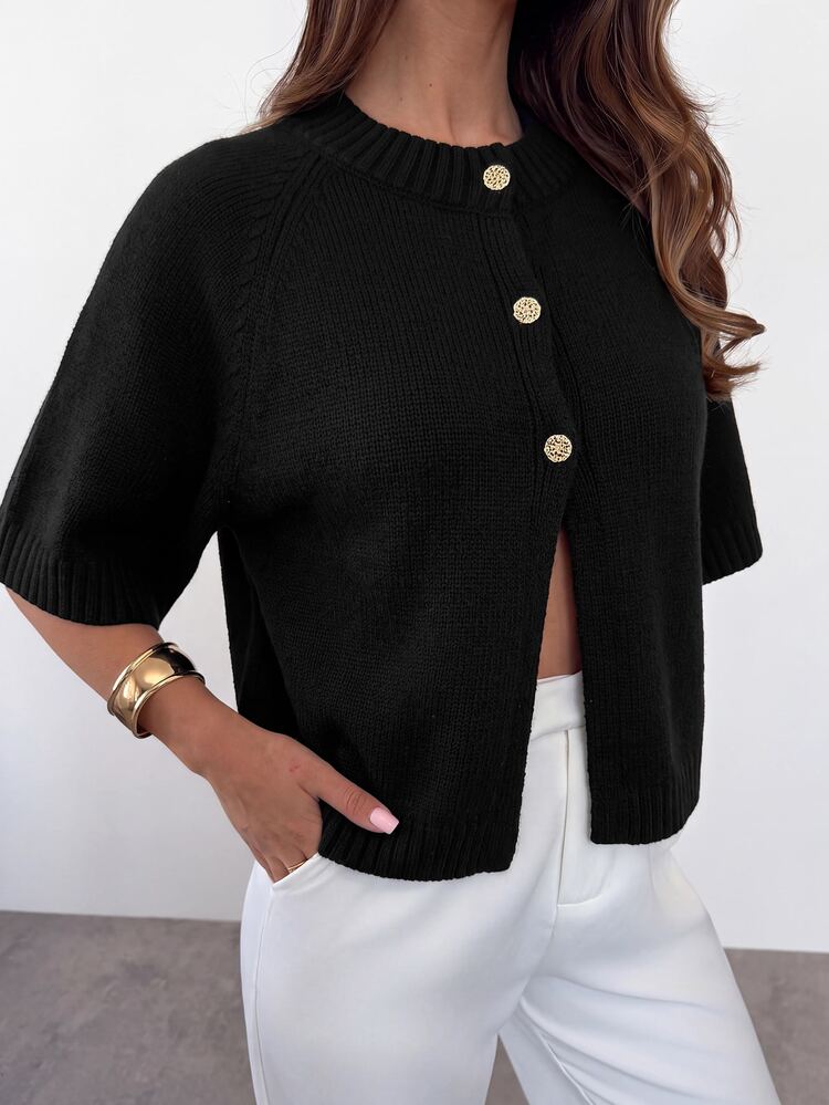 Firerie Women's Solid Color Short Sleeve Single-Breasted Casual Knit Cardigan - Black - View 5