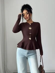 Modelyn Women's Solid Color Metal Decor Casual Versatile Daily Wear Long Sleeve Sweater - Coffee Brown - View 6