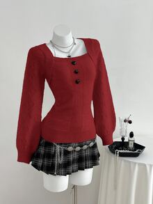 Elamini 女款純色休閒百搭日常長袖針織衫 - 紅色 - 查看 3