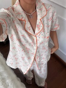 CottageSlumber Women's Floral Print Lapel Short Sleeve Long Pants Bubble Crinkle Pajama Set - Burnt Orange - View 5