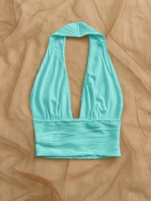 Soleia Women's Solid Color Textured Deep V-Neck Sexy Halter Tank Top - Mint Green - View 2