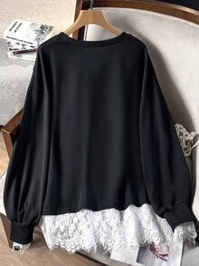 Lacomfia Women's 2 In 1 Long Sleeve Lace Patchwork Casual Versatile Plus Size Sweatshirt - Black - View 2