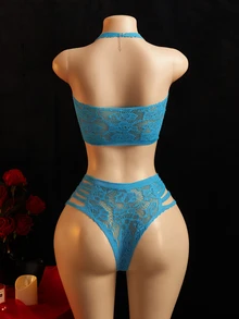 ChaseTheNight Conjunto de Lingerie Feminino Sexy Preto com Sutiã de Renda com Alça Halter e Tiras Cruzadas + Calcinha de Cintura Alta 2 Peças - Azul - Visão 2