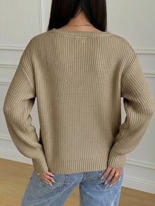 SHEIN 青少年女孩休閒條紋針織毛衣，簡約時尚，適合日常穿著，秋冬款 - 卡其色 - 查看 2