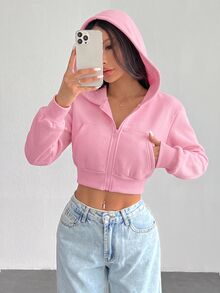 SHEIN PETITE 女款甜美短版拉鍊連帽衛衣，附口袋與長袖 - 淺粉色 - 查看 4