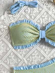 Swim Mod Teenage Polka Dot Print Ruched Bandeau Bikini Top With High Waist Ruffled Triangle Bottoms Women's Swimwear Set - Multicolor - View 5