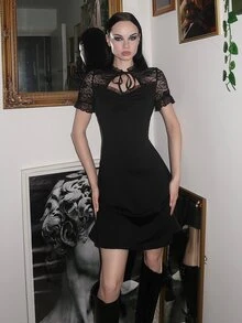 Glisette Gaun Pendek Hitam Wanita untuk Halloween, Elegan, Vintage, dan Imut - Hitam - View 5