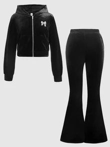 SHEIN 青少年女孩秋冬休閒時尚天鵝絨蝴蝶結水鑽連帽拉鍊運動衫與修身喇叭褲兩件套 - 黑色 - 查看 4