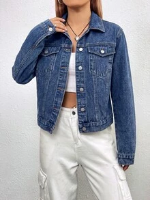 SHEIN EZwear 女款長袖單排扣休閒牛仔夾克 - 深色水洗藍 - 查看 6