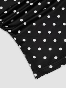 Sweetra Plus Size Early Autumn Ribbed Watermark Polka Dot Asymmetric Neckline Fitted Top And Bodycon Mini Skirt 2 Pieces Set - Black and White - View 11