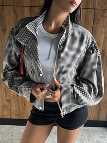 Muchica 女款棕色格紋編織休閒夾克，前拉鍊設計 - 黑與白 - 查看 3