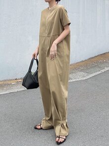FRIFUL Women's Solid Color Round Neck Short Sleeve Zipper Front Casual Jumpsuit Fall - Brown - View 1