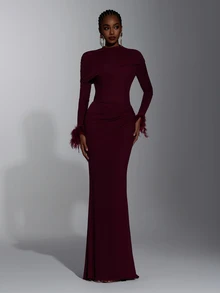 Elitara New Elegant Angora Red Mesh Long Sleeve Fluffy Ruched Fitted Bodycon Maxi Dress For Women, Wedding, Formal Occasions, Bridesmaid Dress - Burgundy - View 6