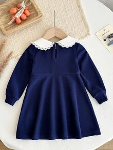 SHEIN 女嬰針織拼接對比色彼得潘領格紋蝴蝶結休閒洋裝 - 藍白色 - 查看 4