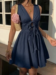 SHEIN EZwear 女款深V領收腰梭織無袖迷你洋裝 - 藏蓝色 - 查看 5