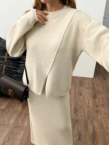 SHEIN Women Asymmetrical Cut High Neck Sweater And Maxi Knit Sweater Kirt 2pcs Set Co-Ords - Beige - View 3