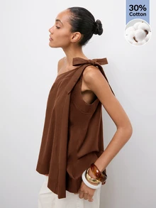 Maija Loose Asymmetric Neck Tie Strap Tank Top With Contrast Stitching, Linen Blend, Casual Comfortable Beach Brunch Vacation Minimalist Coffee Brown Summer - Brown - View 6