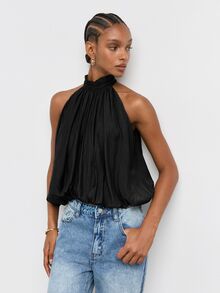 Maija Women's Solid Color Pleated Fashion Elegant Halter Top Party Cocktail Night Out Black Summer - Black - View 5