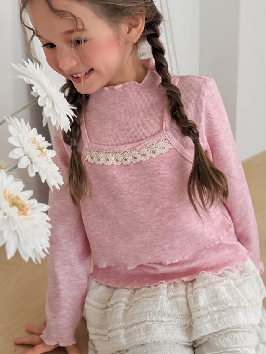 Dazy Kids 女童假領拼接蕾絲飾邊 2 合 1 長袖 T 恤 秋季款 - 粉色 - 查看 1