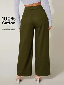 SHEIN PETITE 高腰寬腿夏季長褲 100%純棉 - 軍綠色 - 查看 2