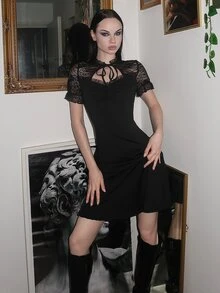 Glisette Gaun Pendek Hitam Wanita untuk Halloween, Elegan, Vintage, dan Imut - Hitam - View 1