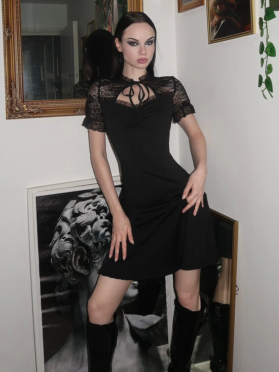 Glisette Gaun Pendek Hitam Wanita untuk Halloween, Elegan, Vintage, dan Imut - Hitam - View 1