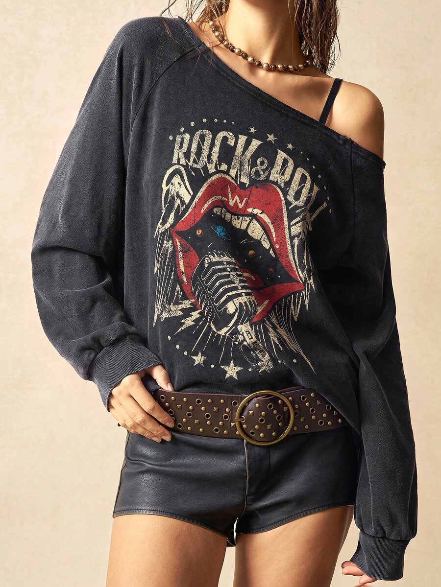 Bohemela Women's Autumn Casual Red Lip Print Asymmetric Collar Sweatshirt - Black - View 1
