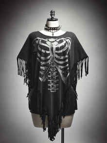 SHEIN ICON Plus Size Y2K Vintage Distressed Skull Print Fringe Cape Top Halloween - Black - View 4