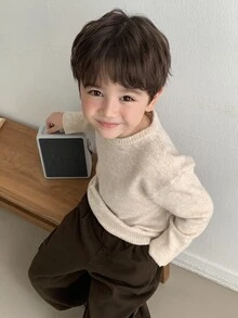 Dazy Kids Boys (Small) Crew Neck Pullover Loose Casual Basic Sweater Top, Autumn/Winter - Beige - View 5