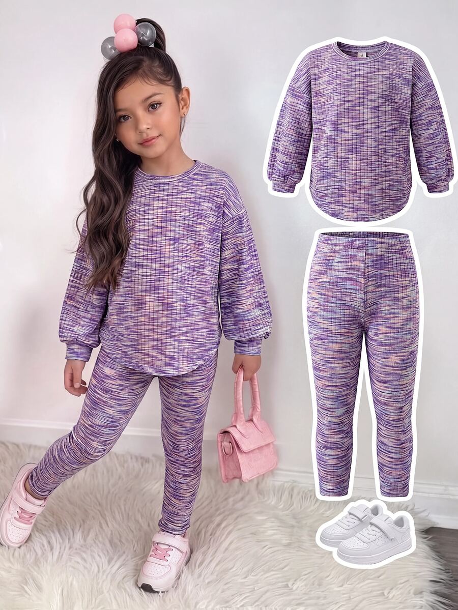 SHEIN 女童秋季休閒T恤與長褲套裝 - 彩色 - 查看 1