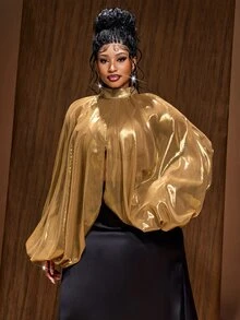 Maweii Plus Size Women's Sexy Metallic Split Hem Party Blouse - Gold - View 4
