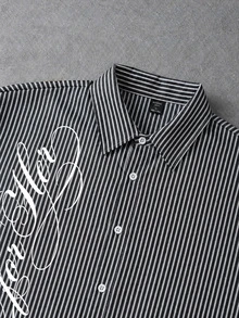 ROMWE MEN Men's Printed Pattern 2 In 1 Striped Loose Long Sleeve Shirt - Black - View 2