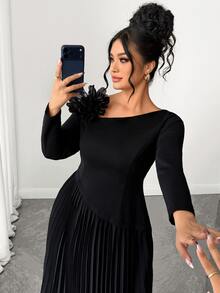 Elenzga Gaun Lipit Elegan Ukuran Plus dengan Dekorasi Bunga 3D untuk Pesta Koktail, Makan Malam Formal, Warna Hitam, Musim Gugur, Pernikahan - Hitam - View 7