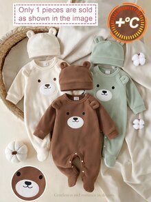 Set Pakaian Rumah Bayi Baru Lahir Nyaman, Lembut, Mewah, Warna Cokelat Kopi, Motif Beruang Teddy, Bordir Patch, Telinga 3D, Kancing Jepret, Leher Bulat, Lengan Panjang, Romper dengan Penutup Kaki dan Topi - Coffee Brown - View 2