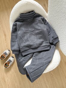 SHEIN 幼童男童 2件組提花字母衛衣與長褲套裝 半拉鍊套頭衫 抓絨內裡保暖深灰色 運動休閒服 秋冬款 - 深灰色 - 查看 2