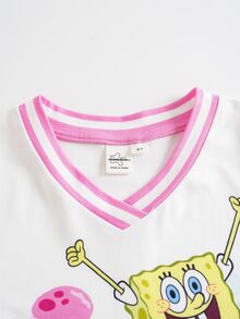 SpongeBob SquarePants | SHEIN Young Girl V-Neck Short Sleeve Casual Versatile T-Shirt - White - View 4