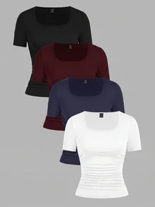 SHEIN EZwear 4件裝休閒極簡純色女款短袖T恤 - 彩色 - 查看 12