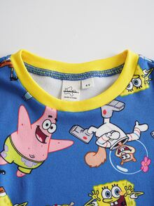 SpongeBob SquarePants | SHEIN 小男孩卡通印花短袖上衣與內搭褲家居服套裝 - 藍色 - 查看 3