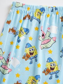 SpongeBob SquarePants | SHEIN Plus Size Cartoon Print Top & Shorts Pajama Set - Baby Blue - View 6