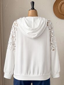 Rusticease Plus Size Women's Contrast Lace Raglan Long Sleeve Pocket Drawstring Hooded Sweatshirt Fall - White - View 2