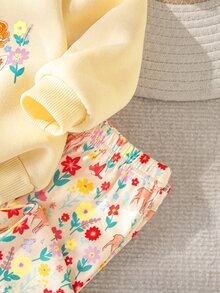 LMoss Kids 女嬰針織杏色公主風可愛圖案圓領長袖衛衣搭配鹿與花卉圖案內搭褲，休閒舒適兩件套，適合外出穿著 - 彩色 - 查看 5