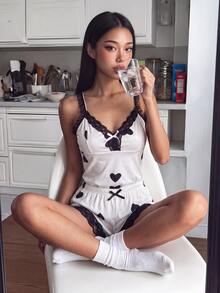 ZzzCrew Women's Heart Print V-Neck Lace Patchwork Bow Decor Camisole & Shorts Pajama Set - Black and White - View 4