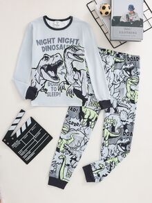 SHEIN 2件組兒童青少年男孩休閒日常舒適印花恐龍圖案圓領套頭睡衣上衣與長褲針織居家緊身套裝 - 灰色 - 查看 3