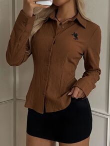 SHEIN EZwear 女款新款刺繡裝飾棕色修身長袖襯衫 - 棕色 - 查看 3