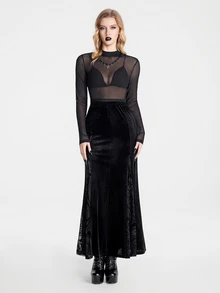 Breakform Gothic Women's Pleated Mesh Long Sleeve Mock Neck Sexy Elegant Fitted Top, Suitable For Concerts, Dates, Parties And Other Occasions - Black - View 3