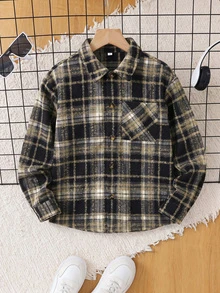 SHEIN 兒童青少年男孩休閒日常舒適格紋翻領寬鬆長袖梭織鈕扣襯衫 - 彩色 - 查看 1