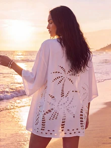 CAJUNI Vacation Beach Vacation Solid Color Hollow Out Kimono White Summer Tropical - White - View 2